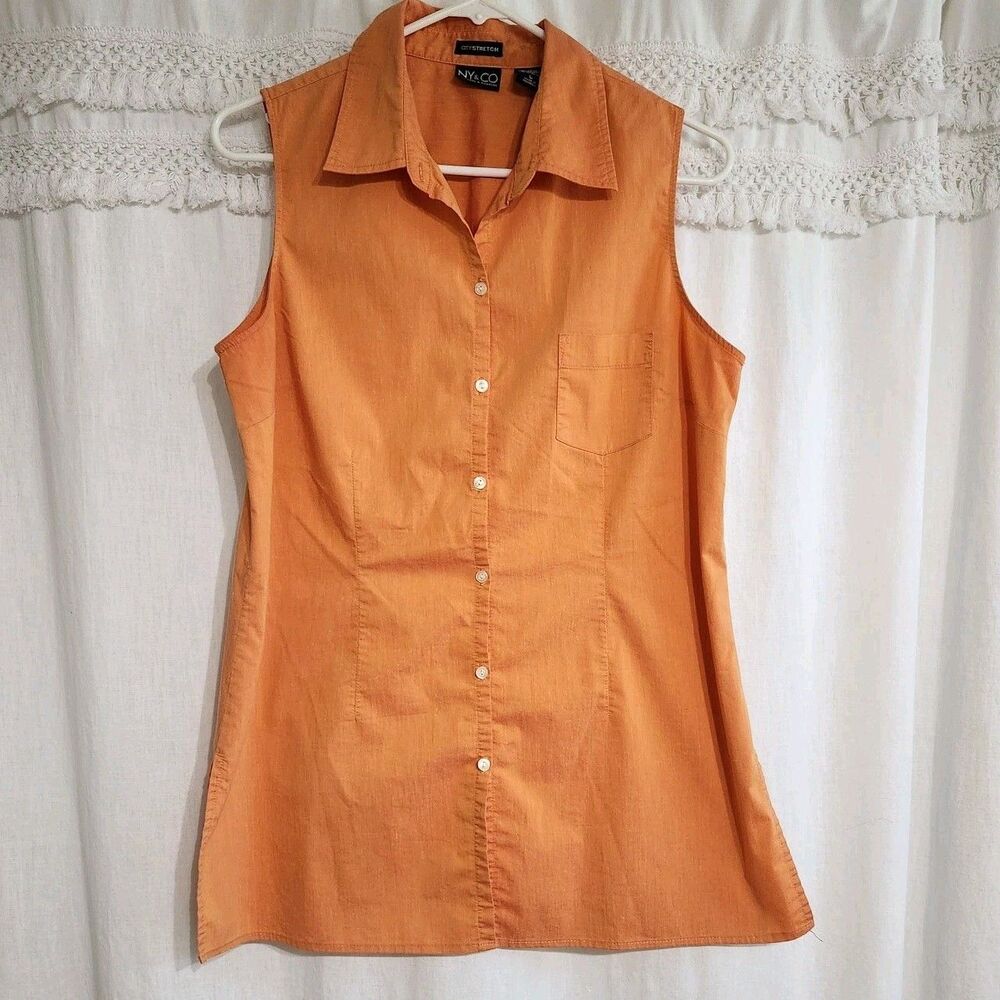 New York & Co City Stretch Blouse Size L Orange Sleeveless Button Tunic Shirt